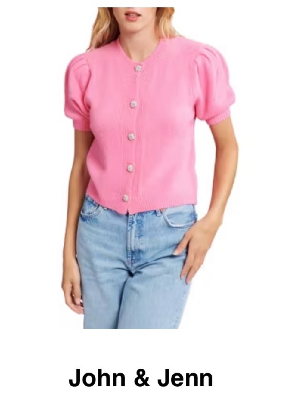 John + Jenn aexl puff- sleeve jeweled button cardigan small bubble gum